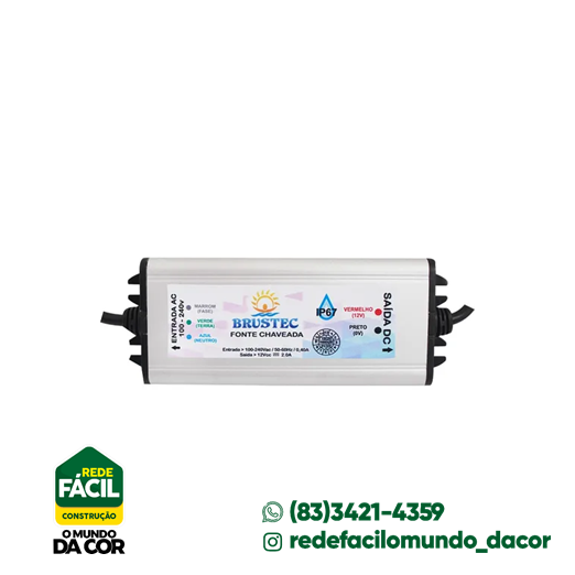 FONTE 2A 12V BLINDADA 24W BRUSTEC